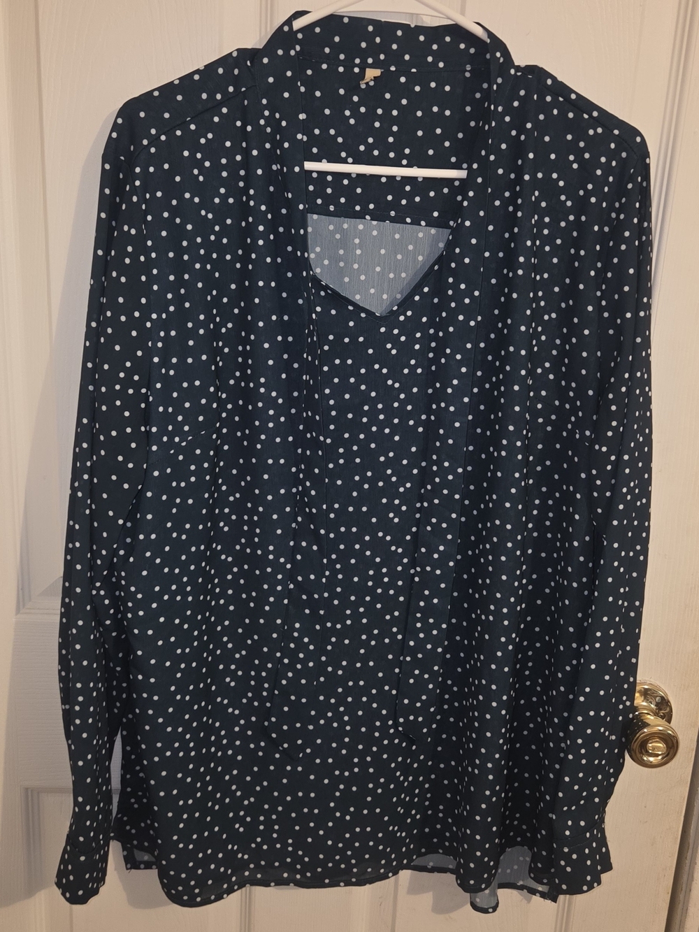 Dark Teal Polka Dot V-Neck Blouse - Women's Top with Bow